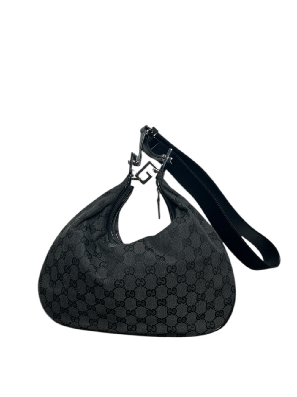 Gucci Black GG Canvas Attaché Hobo Bag Silver G Leather Strap Y2K Tom Ford
